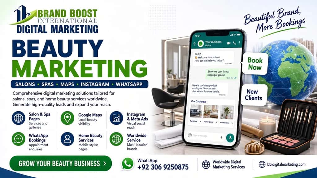 Beauty marketing poster by Brand Boost International: salons, spas, Maps, Instagram and WhatsApp bookings — +92 306 9250875