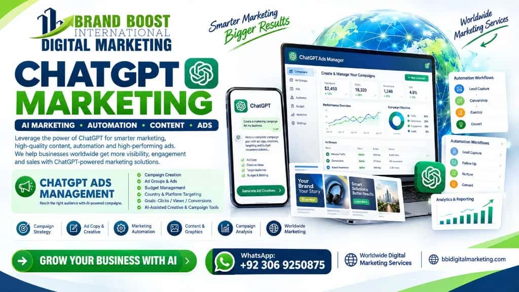 ChatGPT marketing agency by Brand Boost International: AI marketing, automation, content and ChatGPT Ads — WhatsApp +92 306 9250875