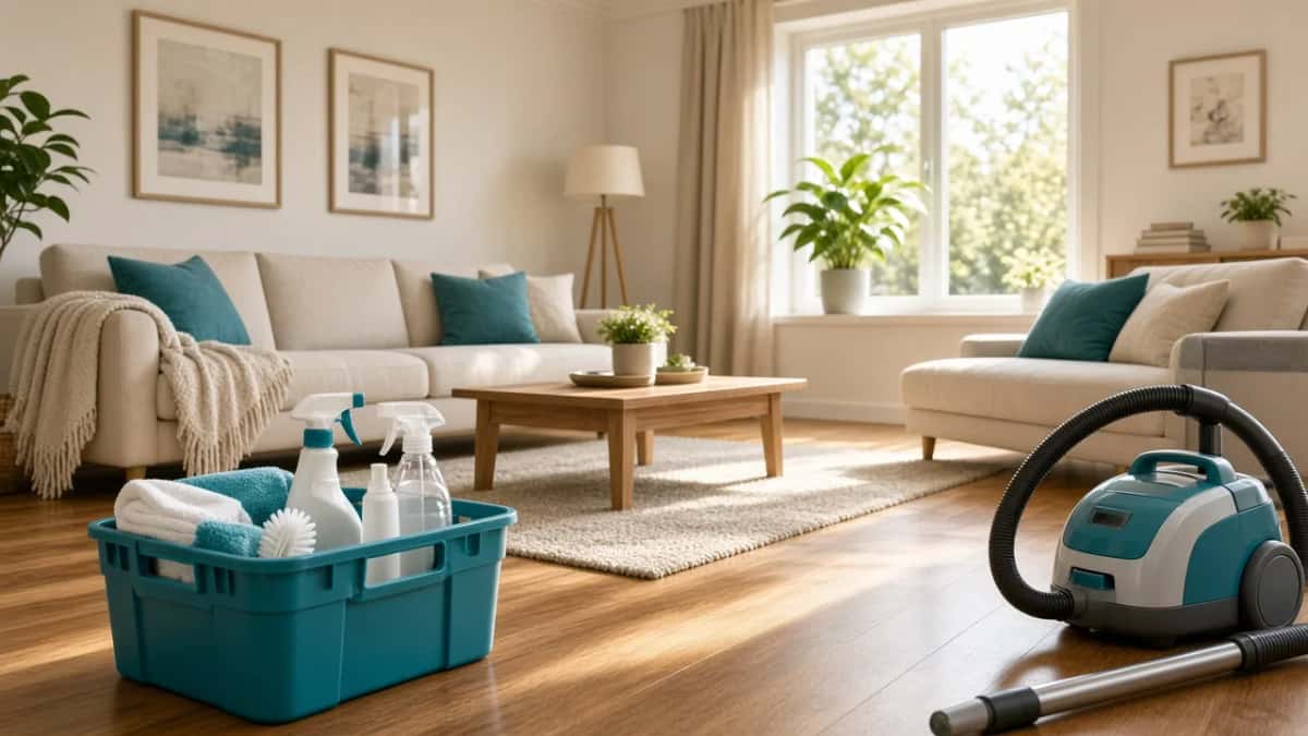 Professionally cleaned living room and cleaning kit — digital marketing for cleaning companies