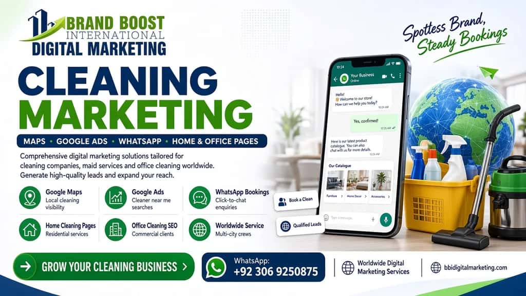 Cleaning marketing poster by Brand Boost International: Maps, Google Ads, WhatsApp and home or office pages — +92 306 9250875
