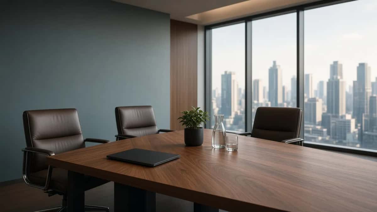Law office desk and city window — digital marketing for law firms