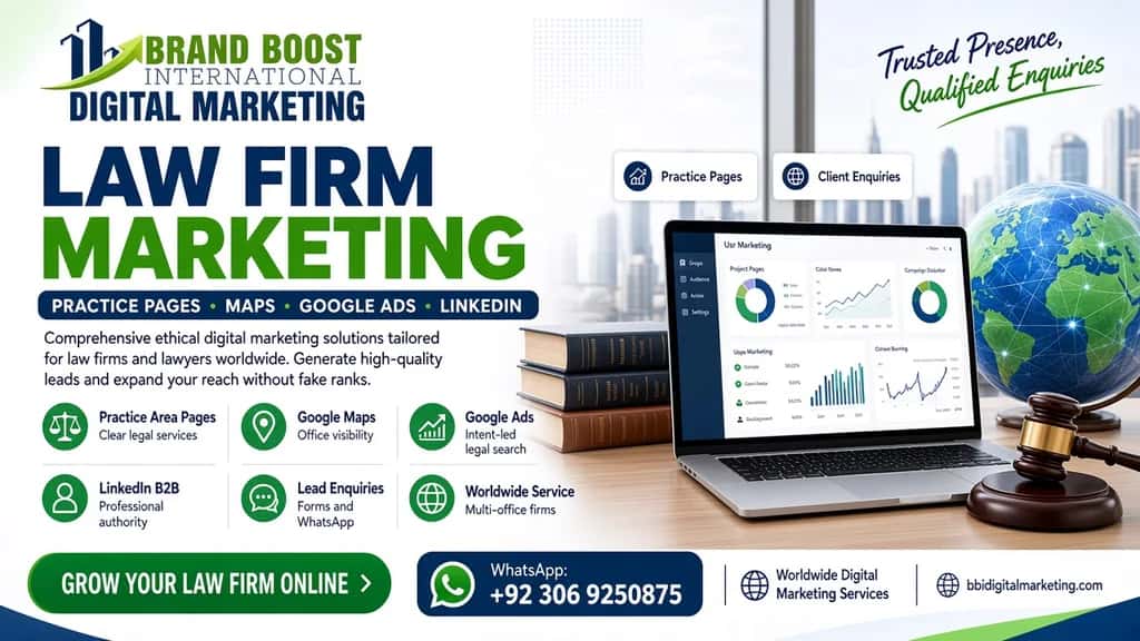 Law firm marketing poster by Brand Boost International: practice pages, Maps, Google Ads and LinkedIn — +92 306 9250875