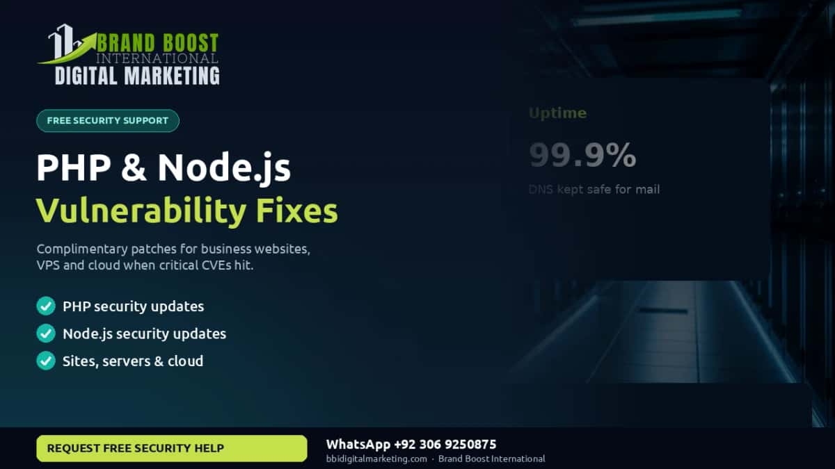 PHP and Node.js vulnerability fixes — free security support by Brand Boost International