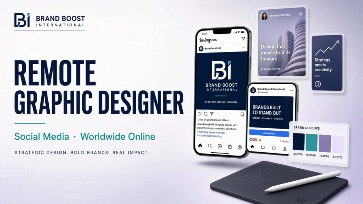 Remote graphic designer for social media: online worldwide design cover by Brand Boost International