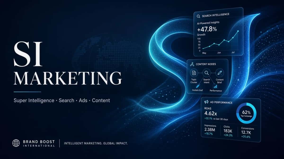 SI marketing agency cover: Super Intelligence search, ads and content by Brand Boost International — WhatsApp +92 306 9250875