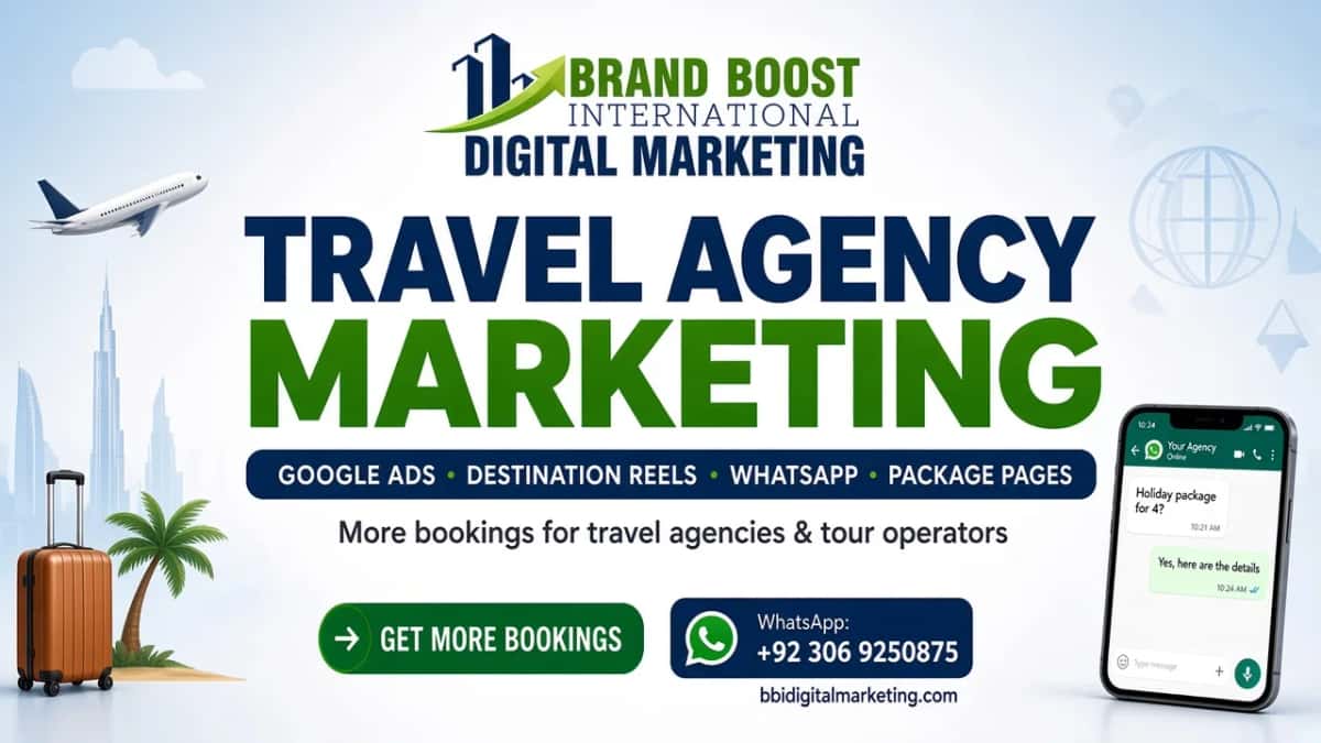 Travel agency marketing: Google Ads, destination reels, WhatsApp and package pages by Brand Boost International