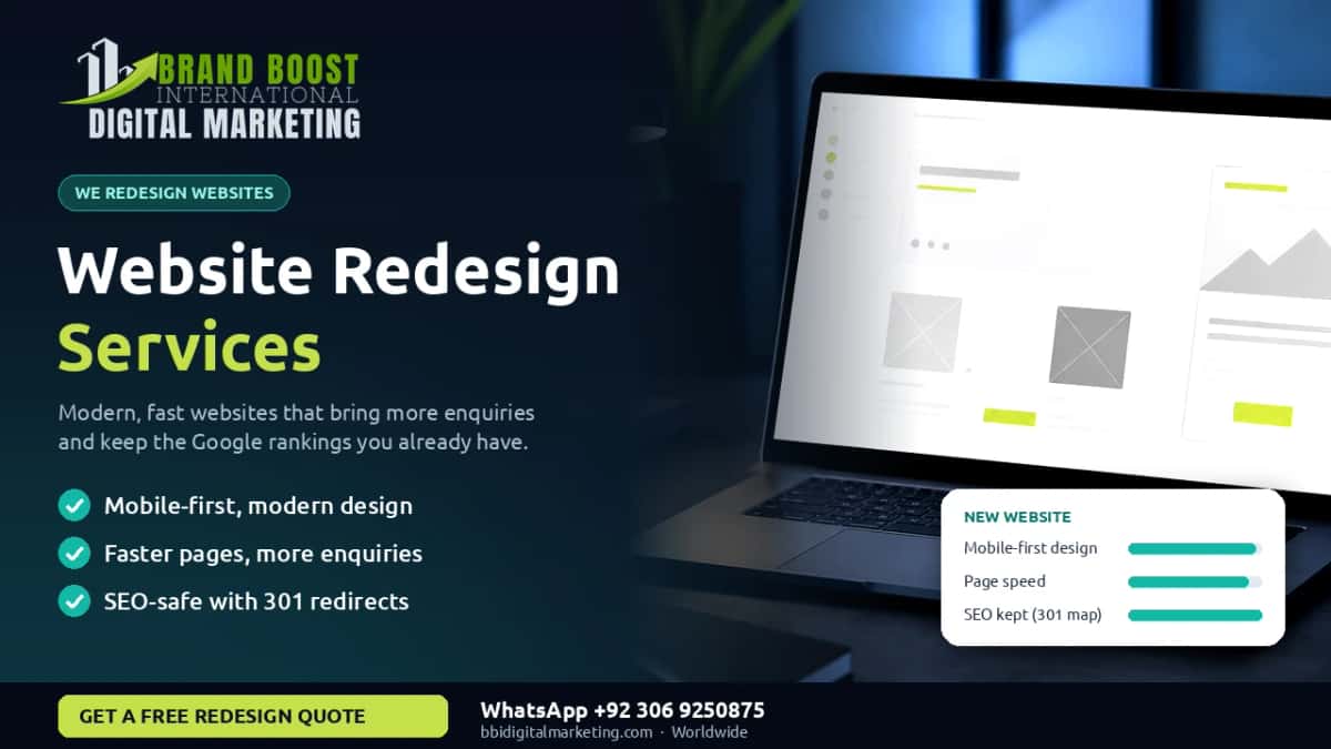 Website redesign services by Brand Boost International: new website design on a laptop