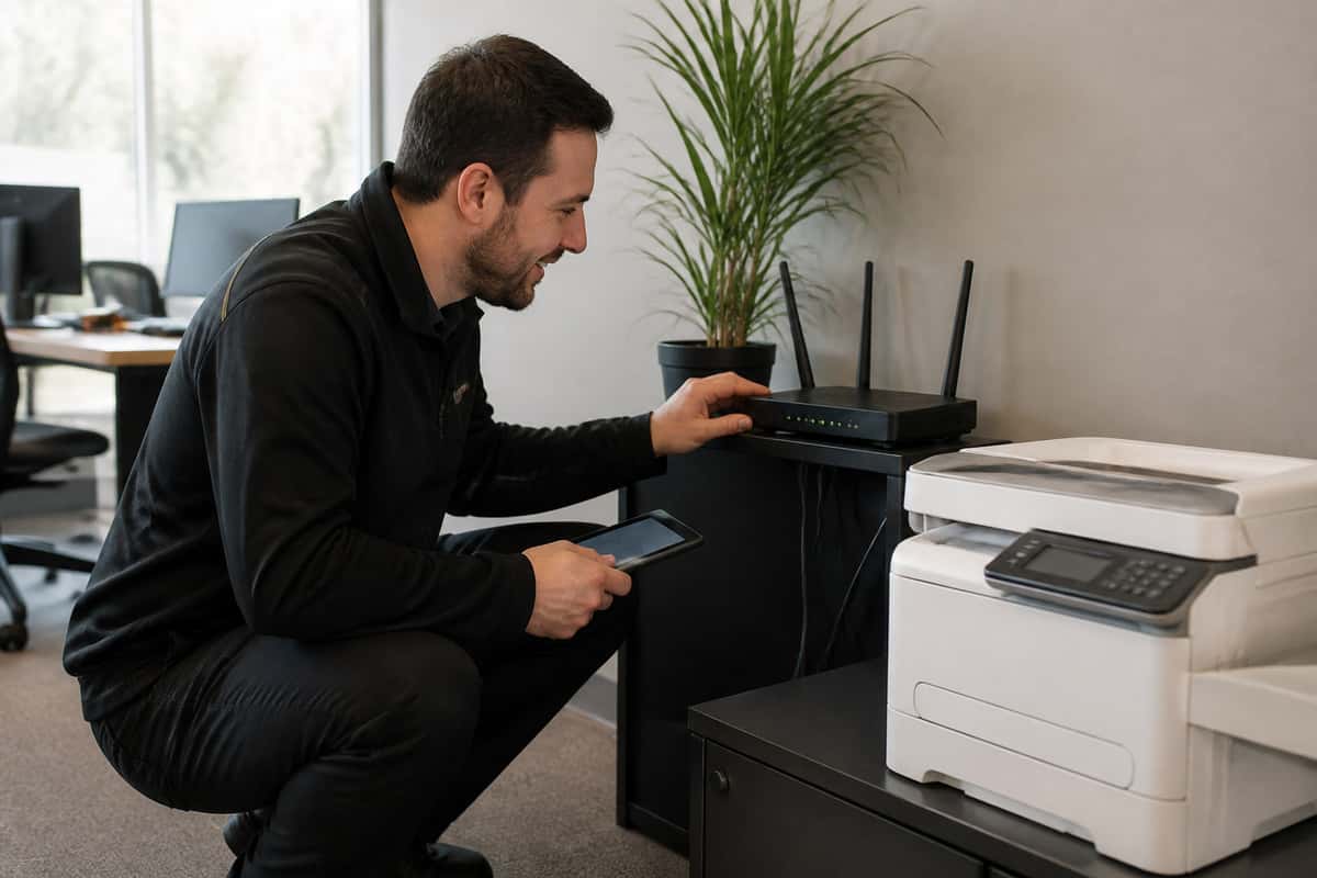 Technician providing on-site IT support for Wi-Fi, Windows and printers