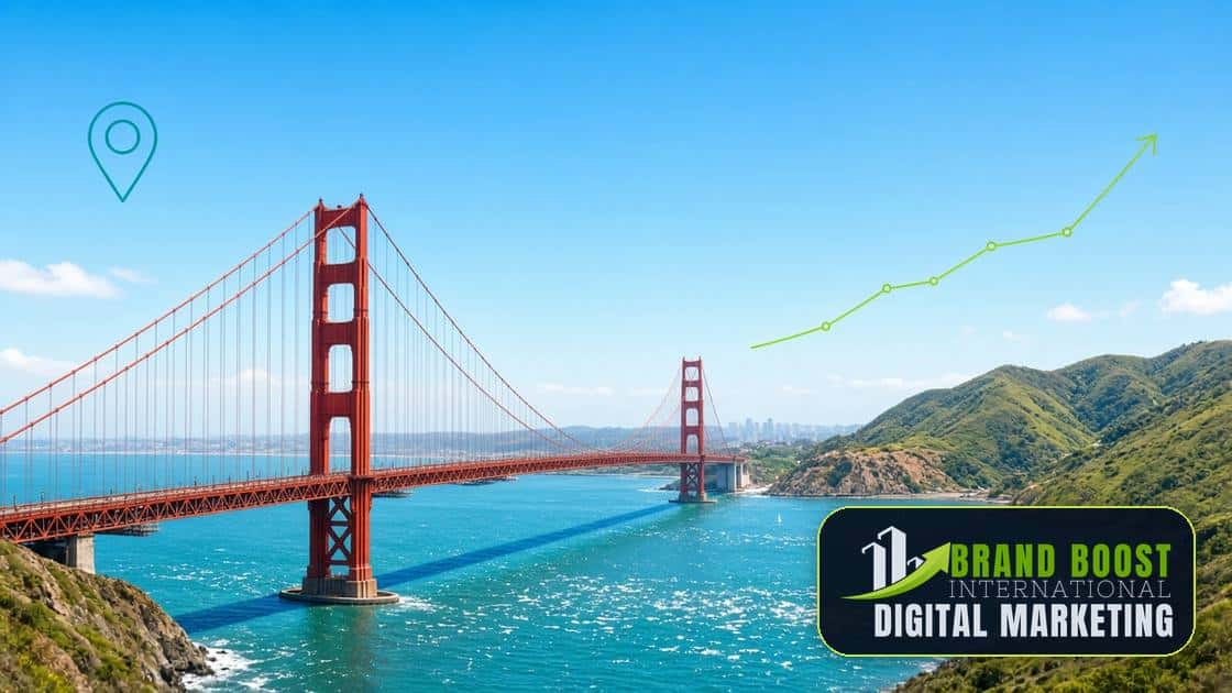 Golden Gate Bridge in California with Brand Boost International local SEO growth graphics