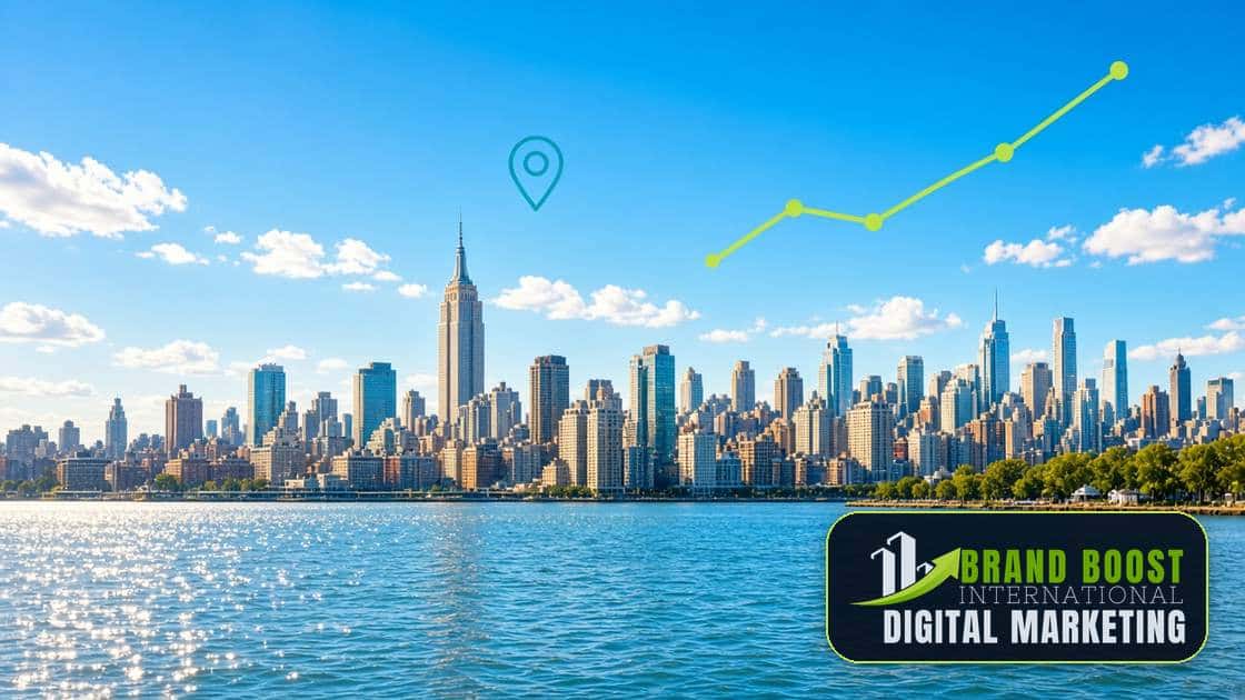 New York City skyline on a sunny day with Brand Boost International marketing growth graphics