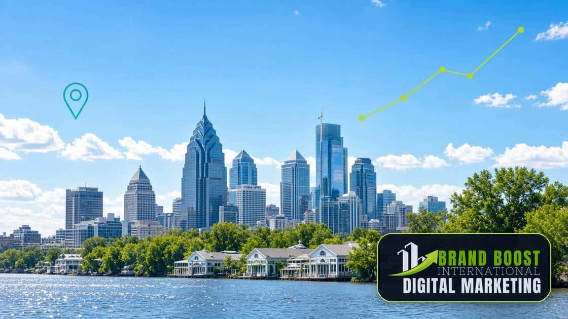 Philadelphia Pennsylvania skyline and river with Brand Boost International marketing graphics
