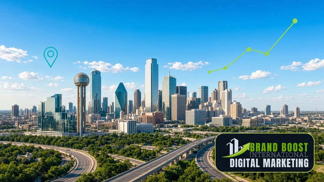 Dallas Texas skyline in daylight with Brand Boost International Google Ads growth graphics