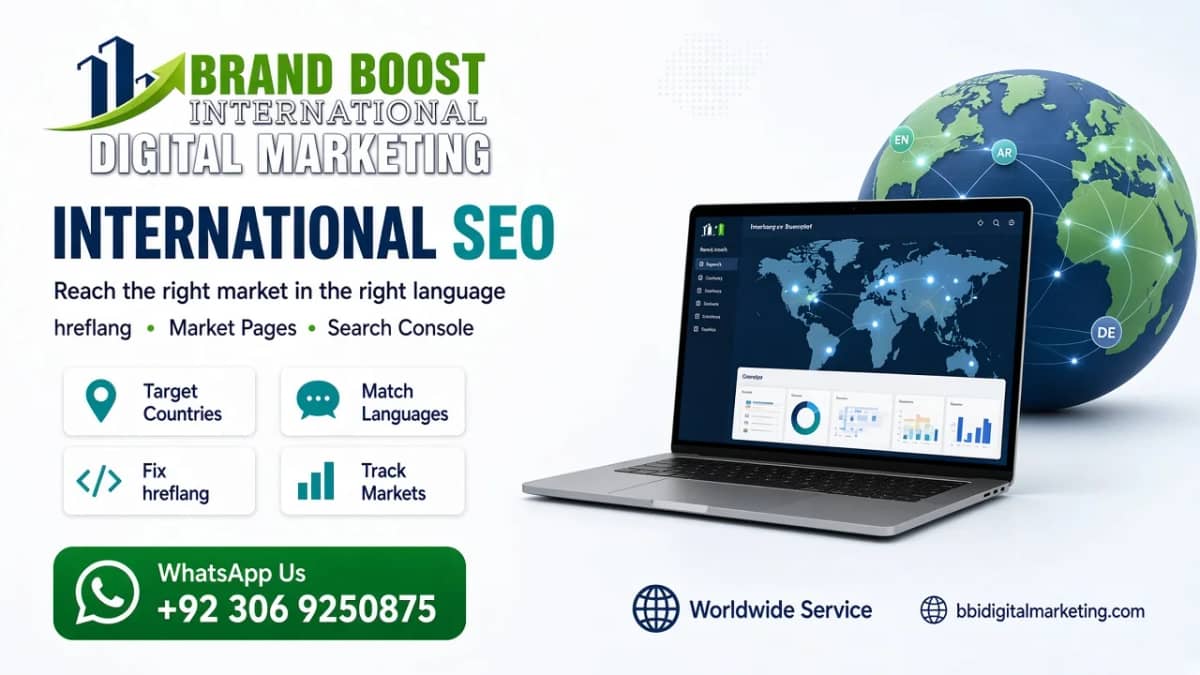International SEO by Brand Boost International: hreflang, market pages, Search Console, and WhatsApp +92 306 9250875