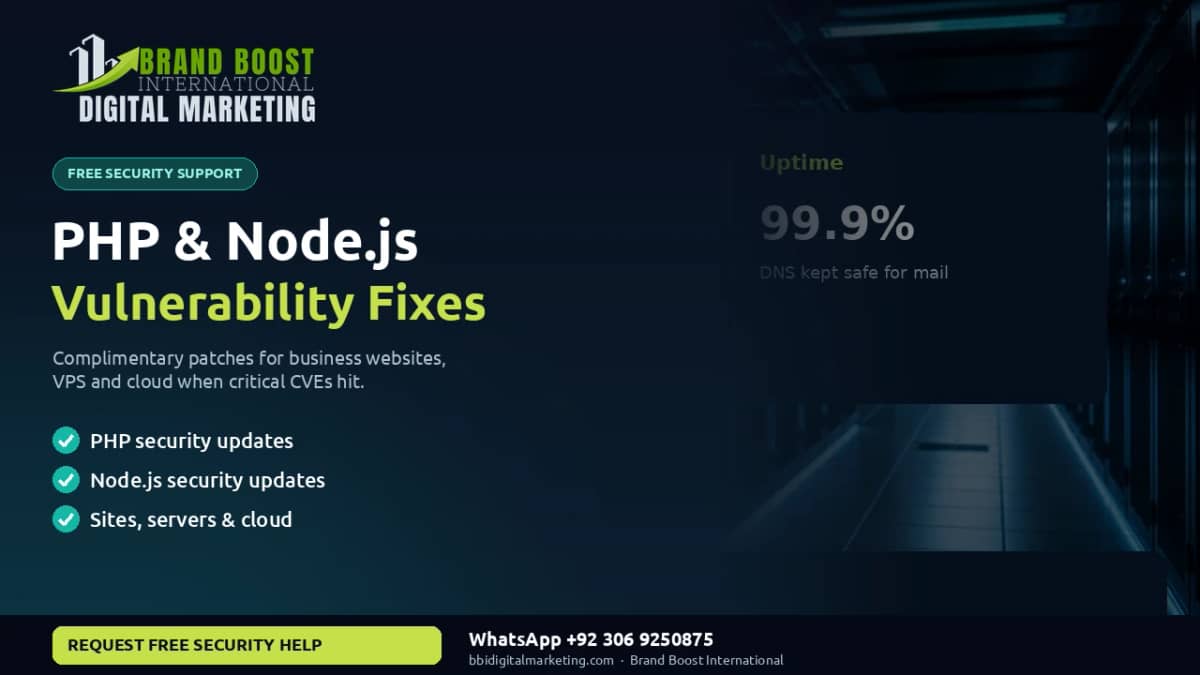 PHP and Node.js vulnerability fixes — free security support by Brand Boost International