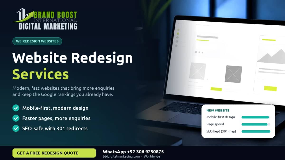 Website redesign services by Brand Boost International: new website design on a laptop