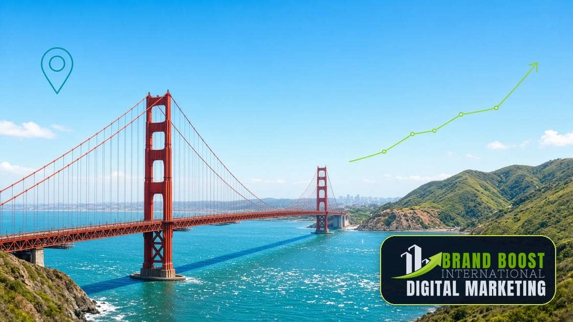 Golden Gate Bridge in California with Brand Boost International local SEO growth graphics