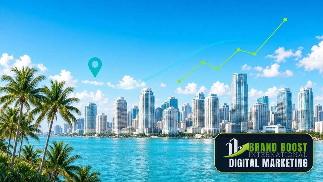 Miami Florida skyline over the bay with Brand Boost International social media marketing graphics