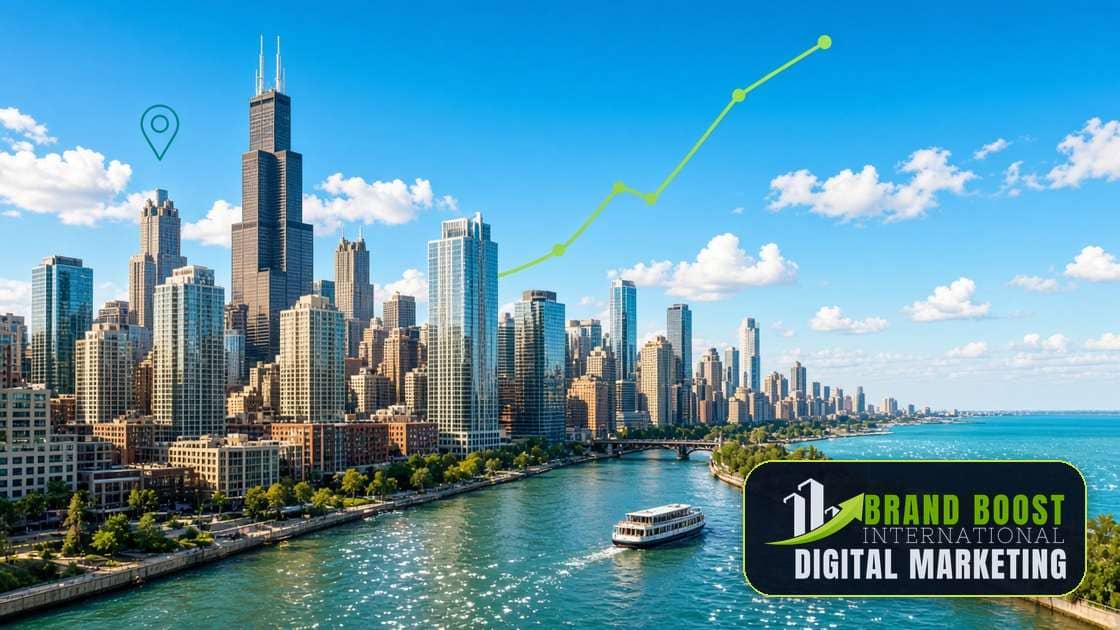 Chicago skyline and river on a sunny day with Brand Boost International B2B marketing graphics