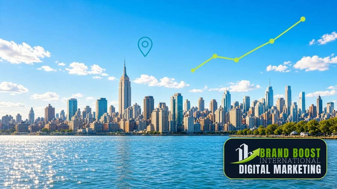 New York City skyline on a sunny day with Brand Boost International marketing growth graphics