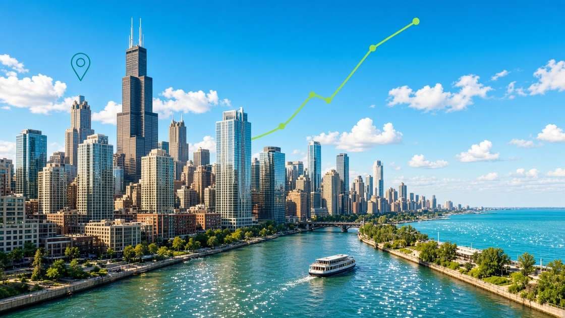 Illinois digital marketing agency: Chicago skyline and river on a sunny day