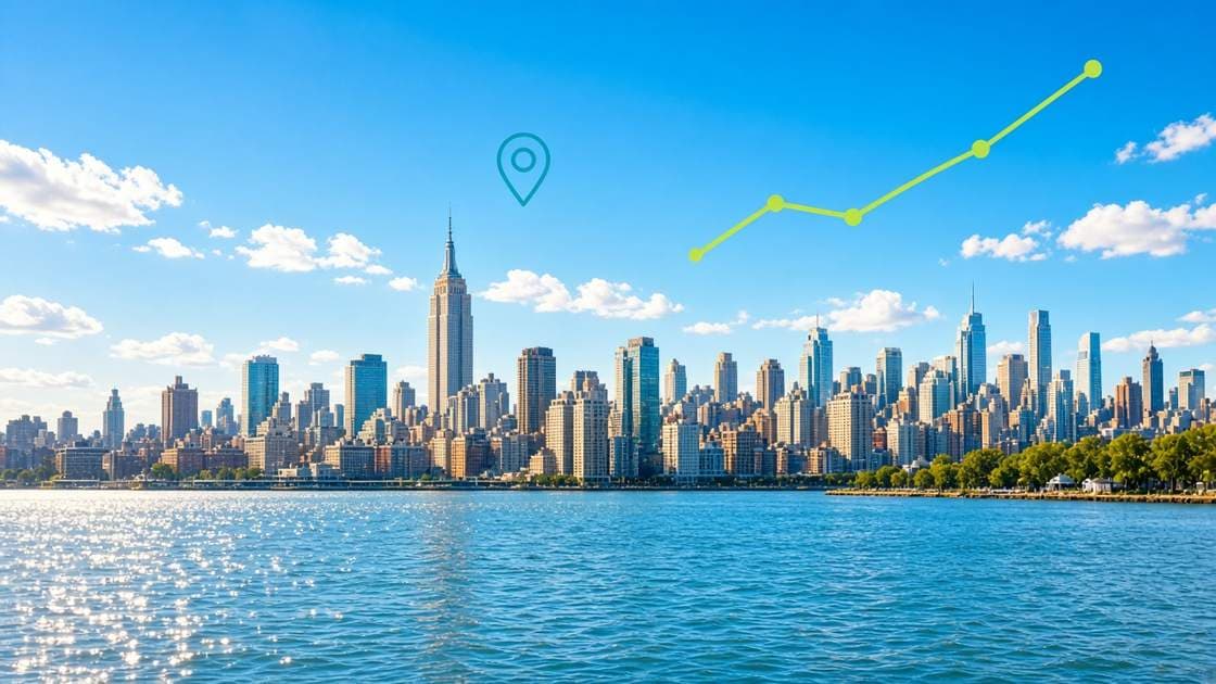 New York digital marketing agency: city skyline on a sunny day with growth graphics