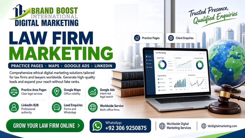 Law firm marketing poster by Brand Boost International: practice pages, Maps, Google Ads and LinkedIn — +92 306 9250875