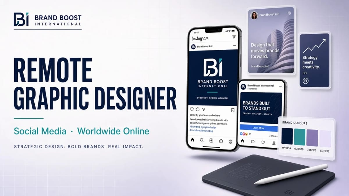 Remote graphic designer for social media: online worldwide design cover by Brand Boost International