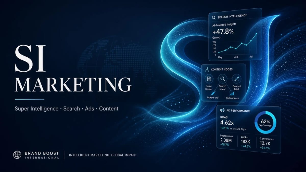 SI marketing agency cover: Super Intelligence search, ads and content by Brand Boost International — WhatsApp +92 306 9250875